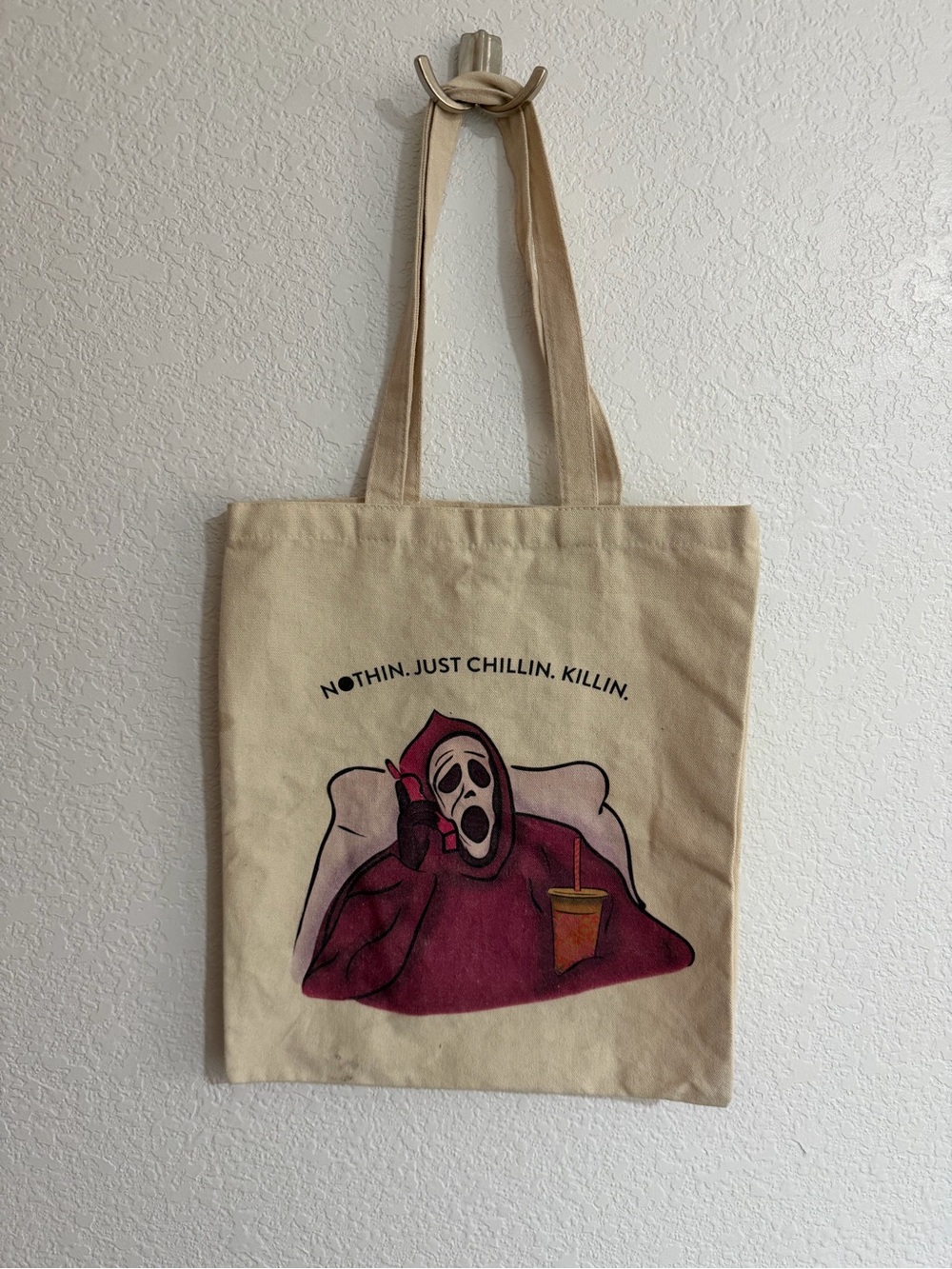 Beige Graphic Tote Bag with Maroon Scream Design